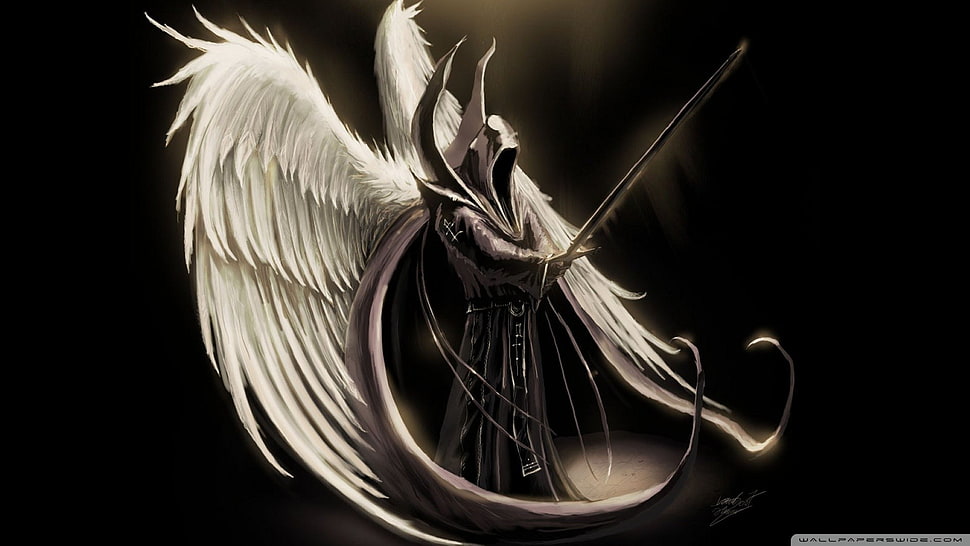 character holding sword with wings, angel HD wallpaper