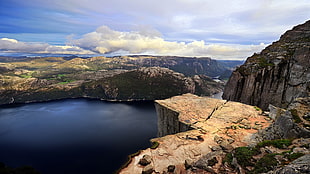 birds eye view of mountain over body of water, landscape, Norway