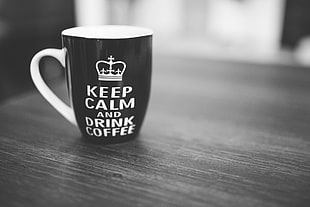 black and white ceramic mug, Keep Calm and..., drink, coffee, black HD wallpaper
