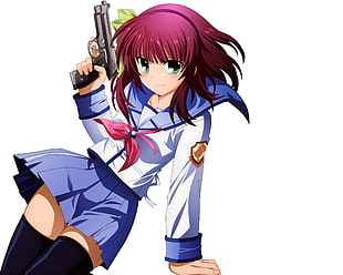purple haired female holding pistol character