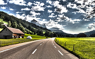 brown house and empty road, Alps, road