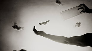 airliner photo, airplane, arms, hands, digital art