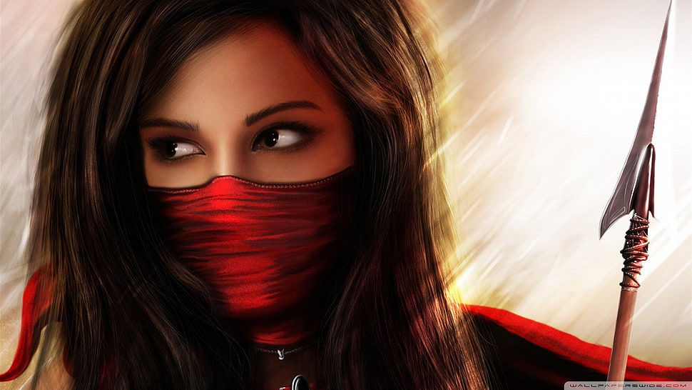 woman wearing red face scarf painting HD wallpaper