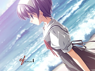 female anime character in grey uniform HD wallpaper