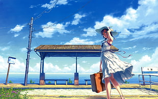 female anime character holding brown suit case near waiting shed
