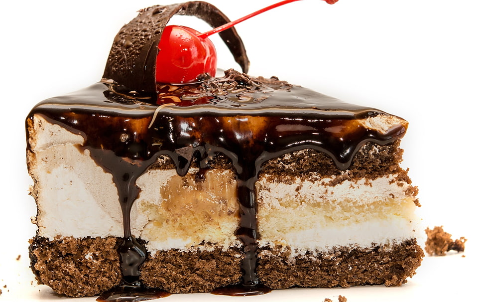 slice of chocolate cake with cherry on top HD wallpaper