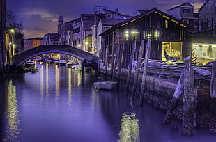 wooden bridge during nighttime, venetian