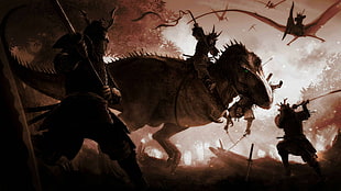 person riding dinosaur digital wallpaper, samurai, katana, dinosaurs, bow