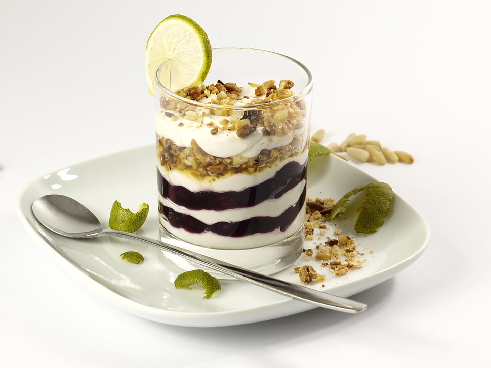 choco sundae with nuts and lemon on plate HD wallpaper