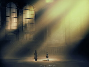 female anime character illustration, train station, people, city hall, lights