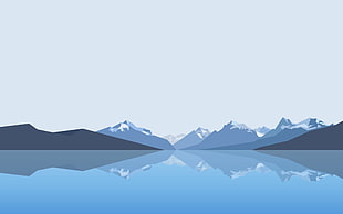 blue and black mountain painting, minimalism, landscape, mountains, lake