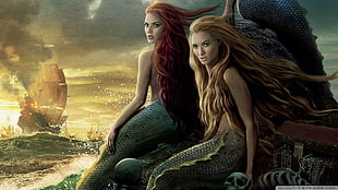 two mermaids beside ocean digital wallpaper