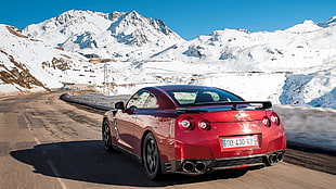 red coupe, Nissan, Nissan GT-R, winter, car