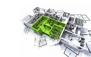 green and white building miniature, architecture, digital art, render, CGI