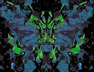 blue and green illustration, ink, paint splatter, symmetry, Rorschach test