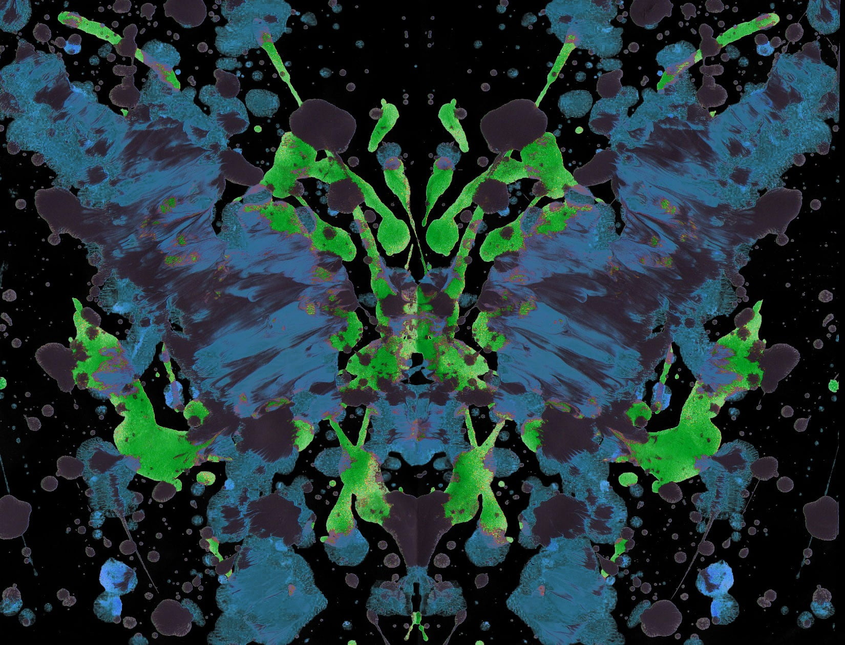 blue and green illustration, ink, paint splatter, symmetry, Rorschach test