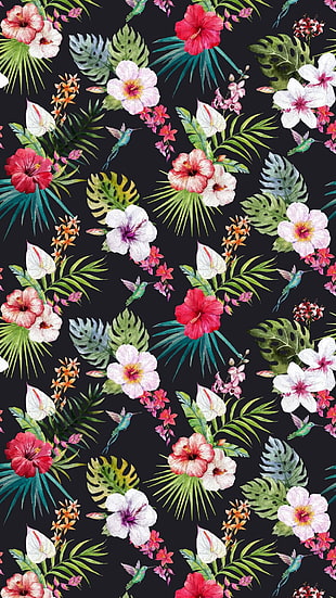 black, green, and red floral textile, portrait display, vertical, pattern, digital art