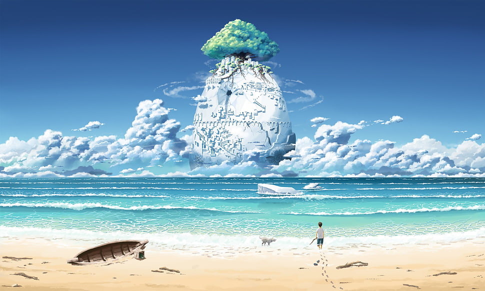 anime digital wallpaper, beach, sea, clouds, trees HD wallpaper