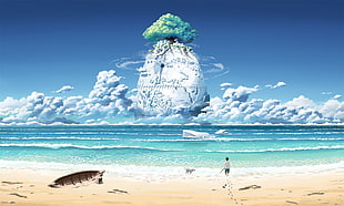 anime digital wallpaper, beach, sea, clouds, trees