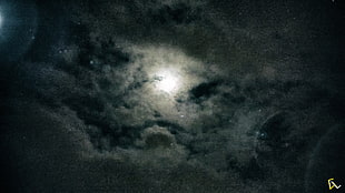 white clouds, Moon, night, sky