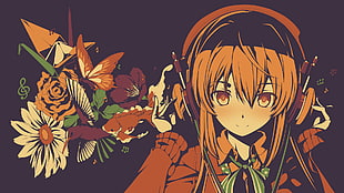 female anime character illustration, anime, headphones, flowers, original characters