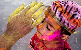 gold-colored ring, Holi, hands, children