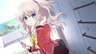 female anime character wearing red uniform digital wallpaper