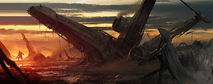 wrecked airplane illustration, X-wing, artwork, wreck