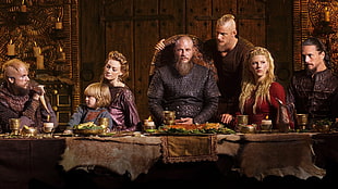 women's red long-sleeved dress, Vikings, Ragnar Lodbrok, Lagertha Lothbrok, Floki