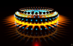 yellow and blue LED light carousel, abstract, sphere, glowing, fractal