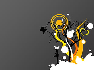 yellow, black, and white butterfly, helmet, and round 3D wallpaper