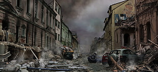 broken structures near vehicle illustration ], apocalyptic, artwork HD wallpaper
