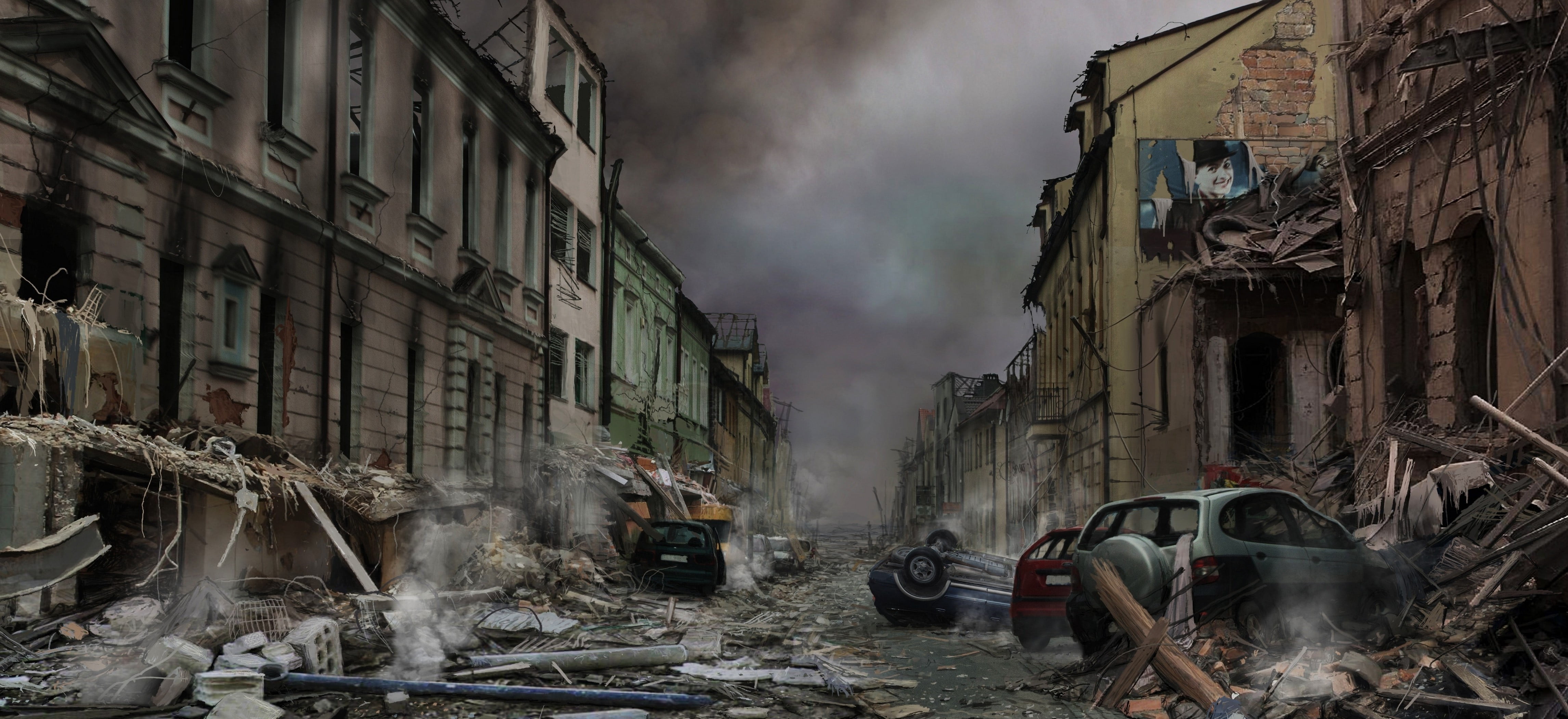broken structures near vehicle illustration ], apocalyptic, artwork