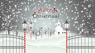 Merry Christmas! text with street lamp and snowflakes background