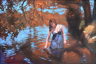 woman in river and maple tree painting