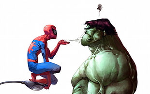 Spider-Man sitting on lamp post putting webs on Incredible Hulk graphic