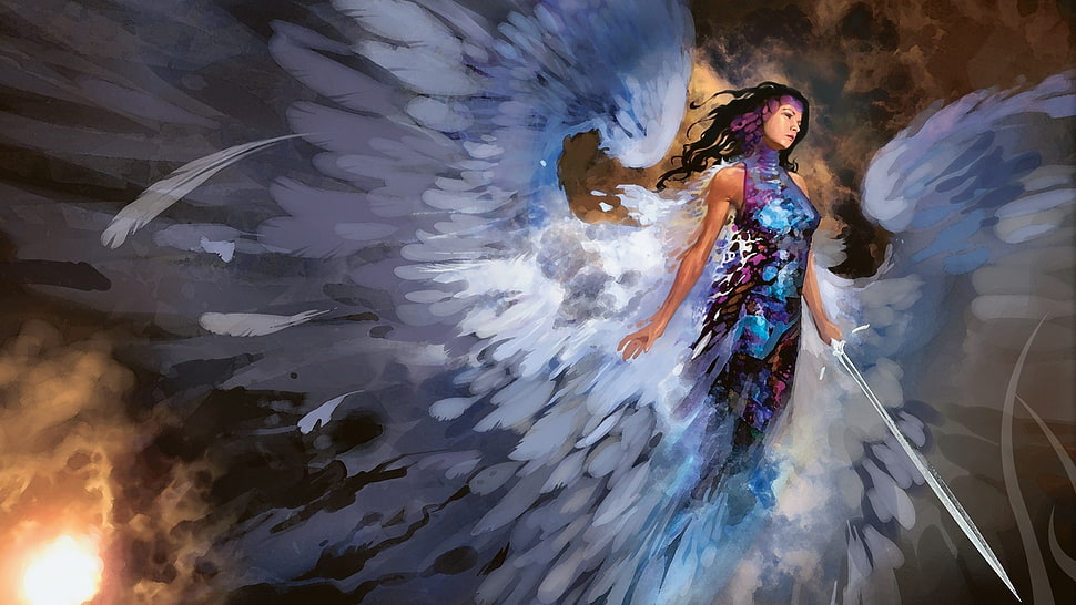 female angel holding sword digital wallpaper, artwork, fantasy art, angel, wings HD wallpaper