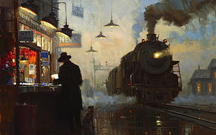man standing on store near train, artwork, train