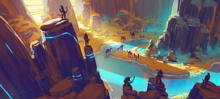 rock formation and animals game illustration, fantasy art, water, canyon, Duelyst
