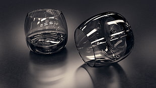 two clear goblet glasses, glass, simple, monochrome, lying down