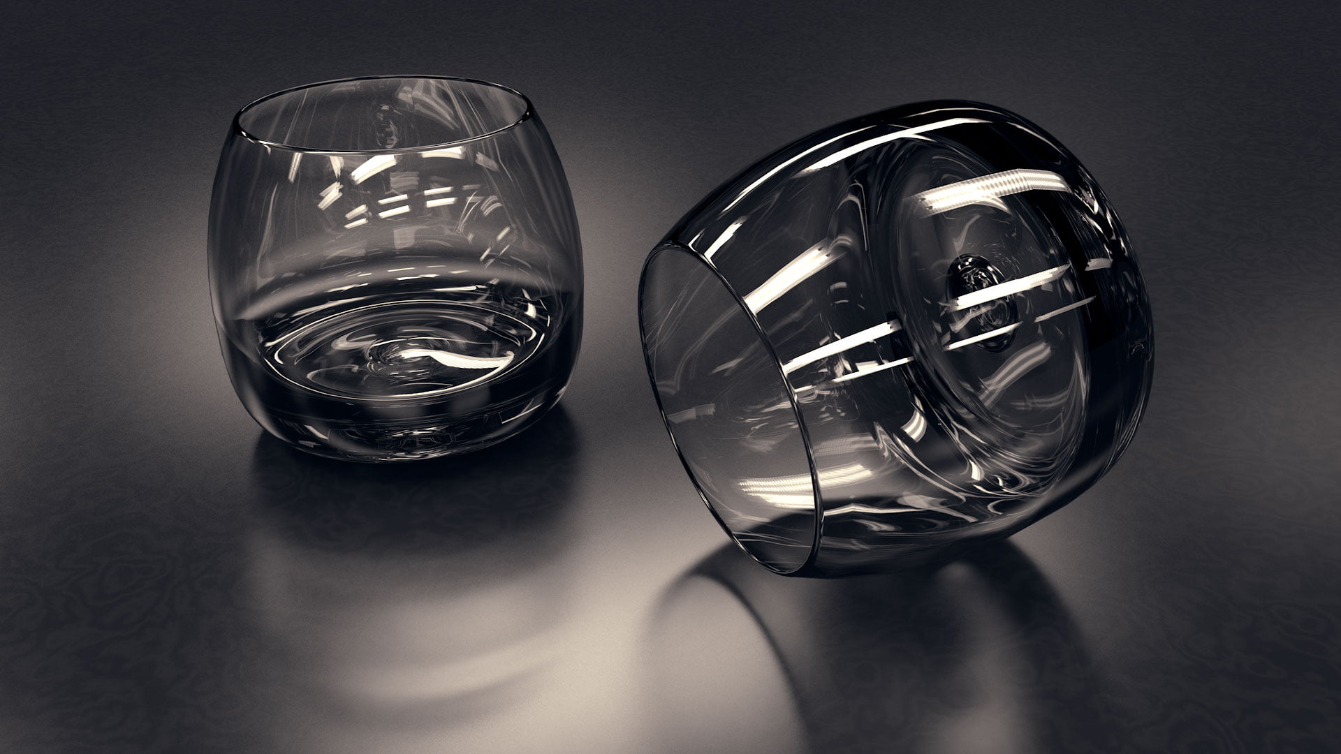 two clear goblet glasses, glass, simple, monochrome, lying down