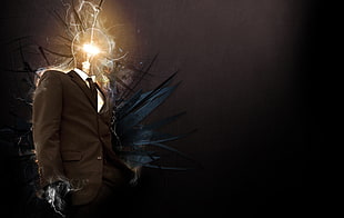 LED light wearing suit jacket digital wallpaper, abstract, surreal, lightbulb, digital art