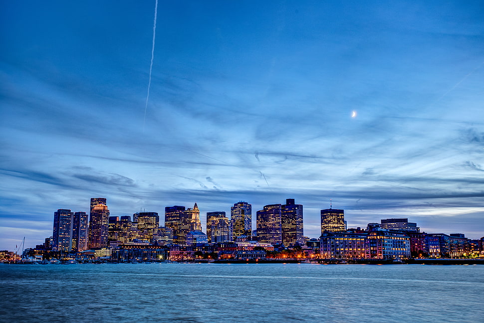 City with lights on during sunset, boston HD wallpaper