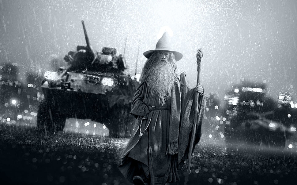 greyscale photo of wizard standing on road poster HD wallpaper