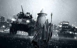 greyscale photo of wizard standing on road poster
