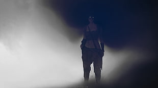 silhouette female character standing surrounded of fog digital wallpaper