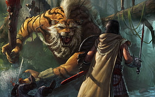 knight fighting tiger digital wallpaper, artwork, tiger, sword, jungle