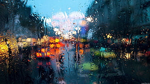 rain, city, glass, water drops HD wallpaper