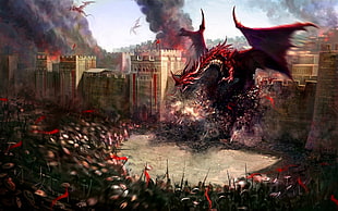 red Dragon destroyed the castle wall in front of soldier fleet illustration HD wallpaper