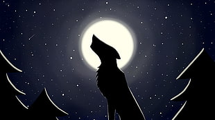 wolf silhouette illustration, Moon, wolf, night, stars